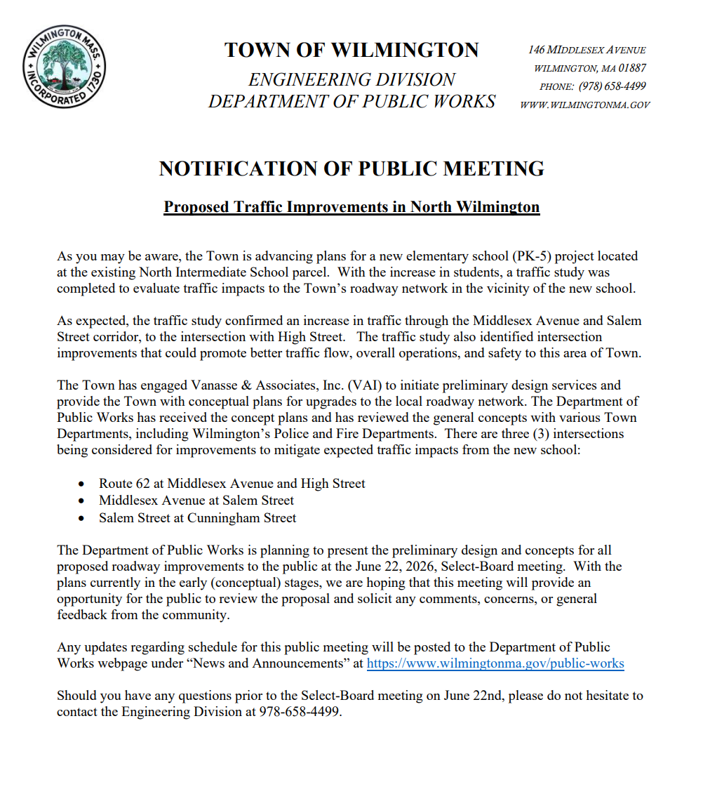 notification of public meeting on June 22nd for North Wilmington Traffic Improvements.