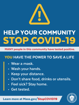 Flyer with reminders of safe practices, learn more at Mass.gov/StopCovid19